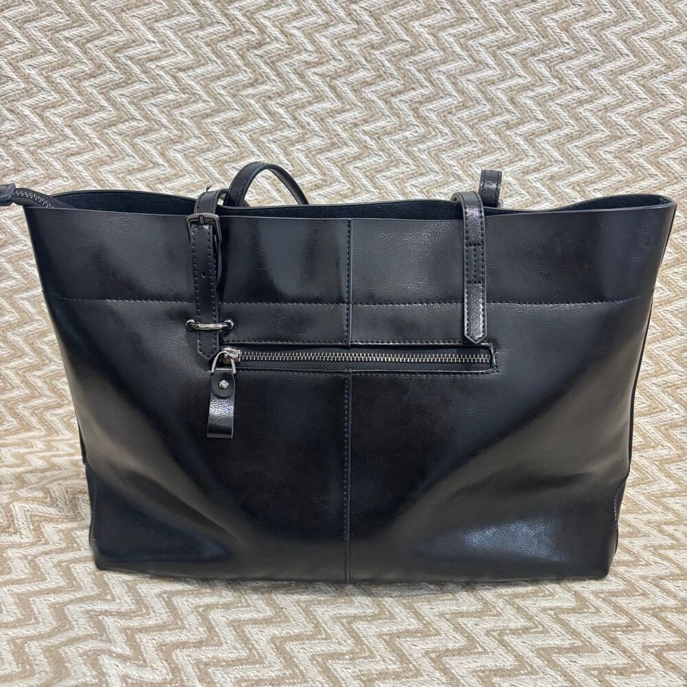 Kattee Black Leather Shoulder Tote Bag Purse Zip Top - Picture 3 of 11